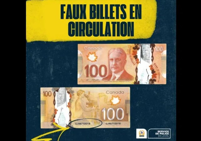 Prudence et méfiez-vous, des faux billets de 100$ en circulation